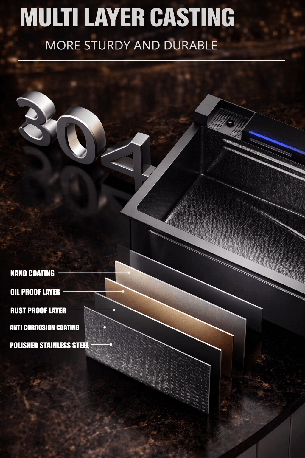 Stainless steel sink with cross-section showing material layers and '304' stamp, labeled with coating types.