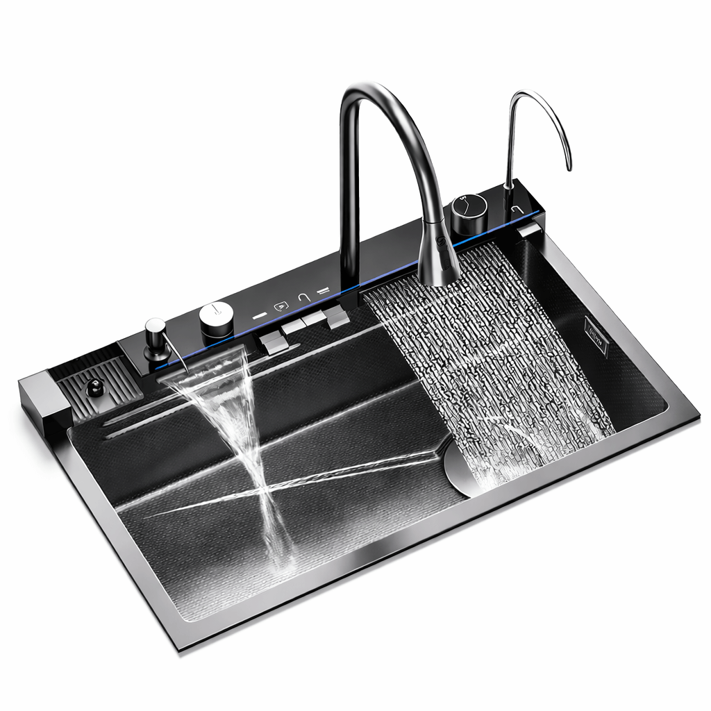 Stainless steel kitchen sink with running water and faucet on a white background