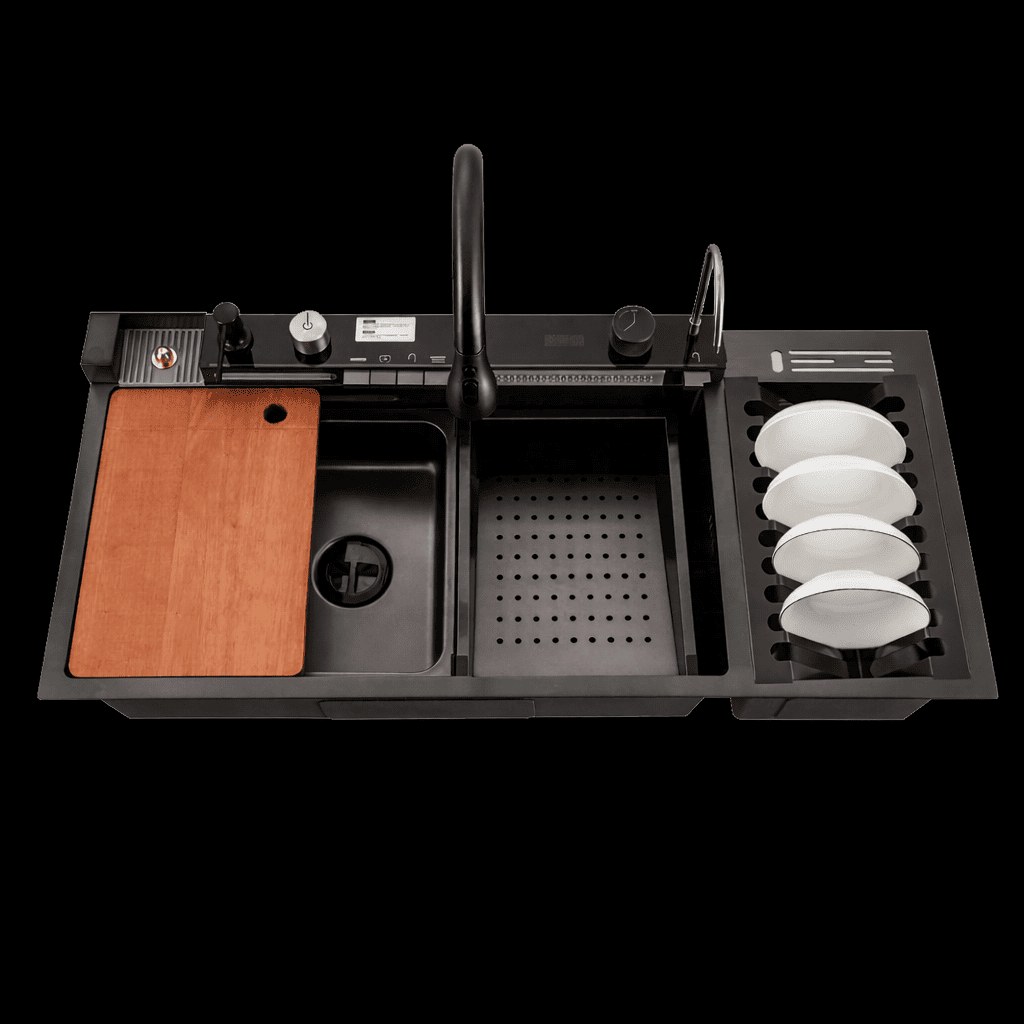 Coffee brewing station with a wooden board, filter basket, and coffee grounds on a black background