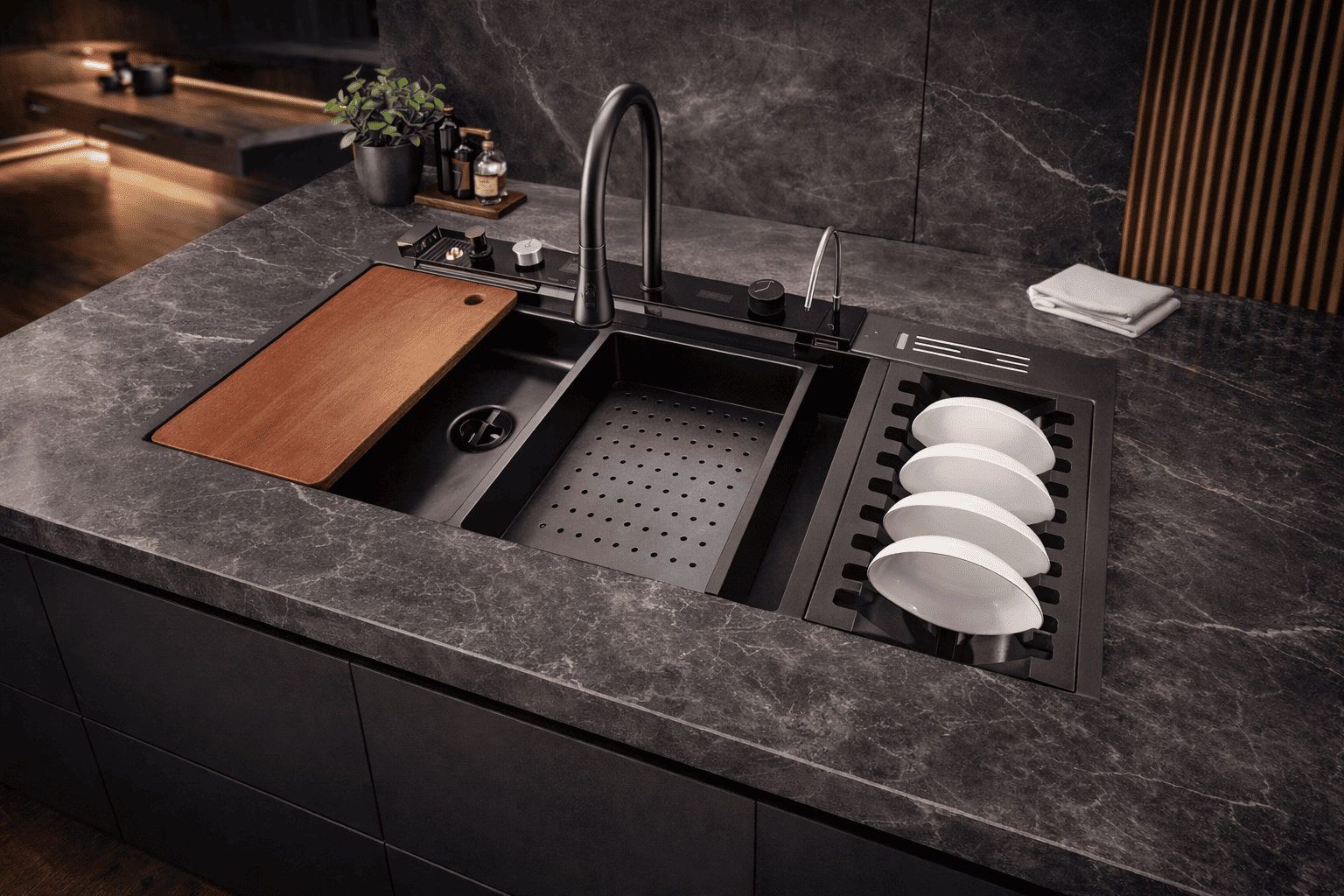 Modern kitchen sink with wooden cutting board and dishes on a dark countertop