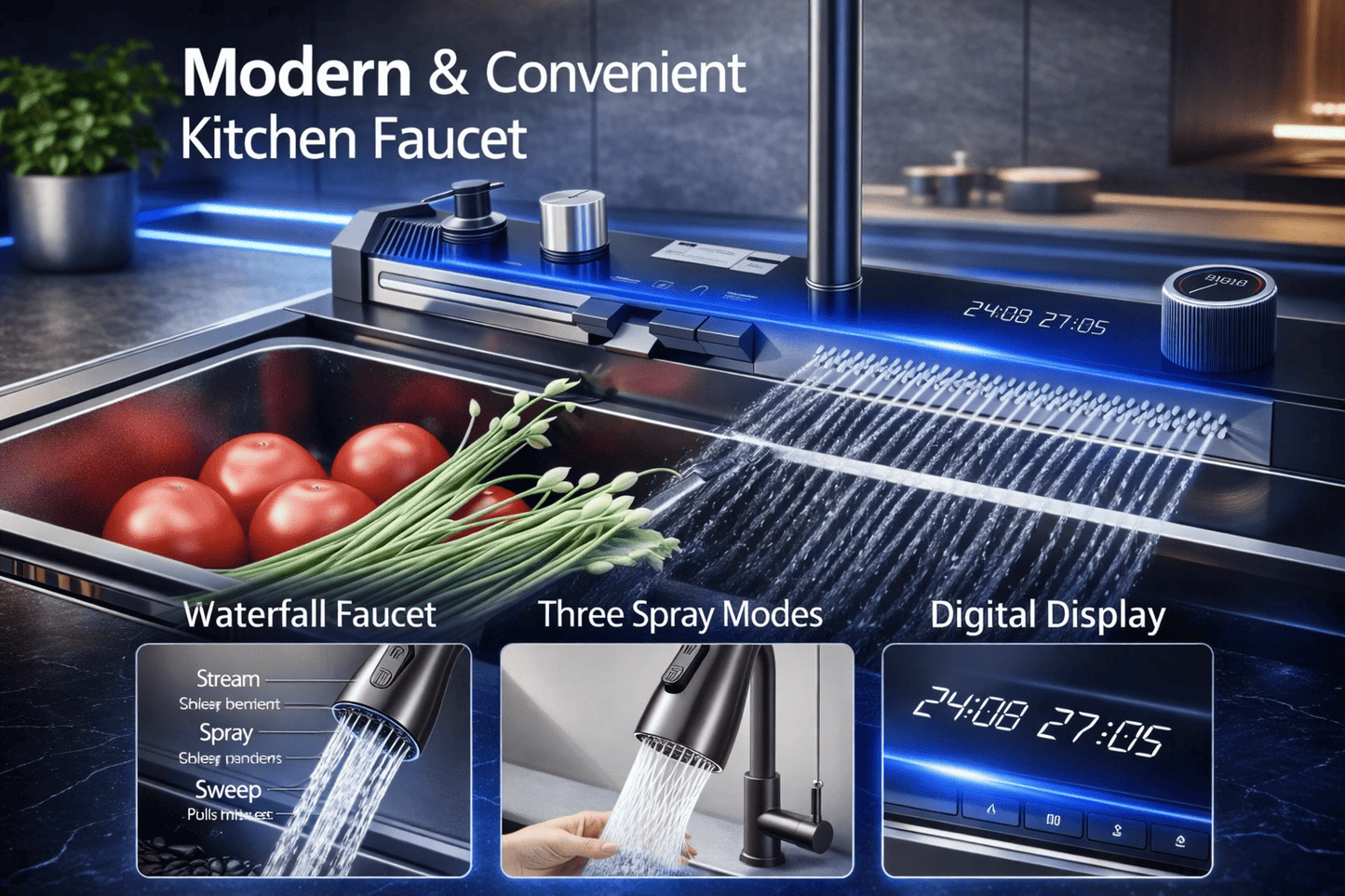 Modern kitchen faucet with digital display and water flow features shown.