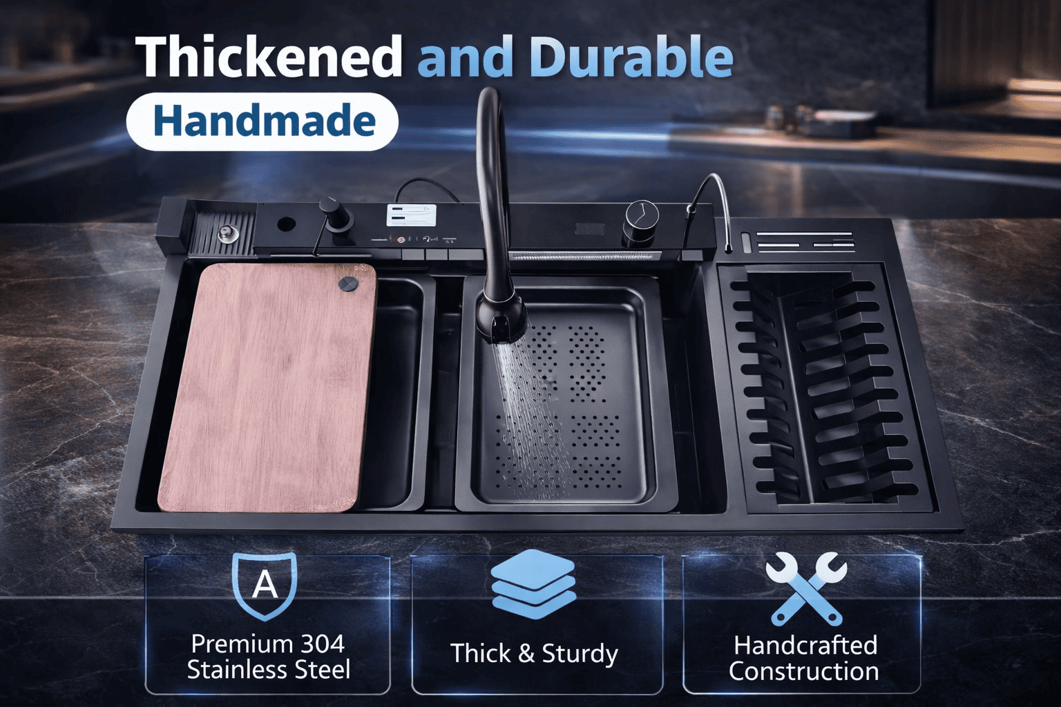 Kitchen sink set with faucet on a dark countertop, emphasizing thickness and durability.