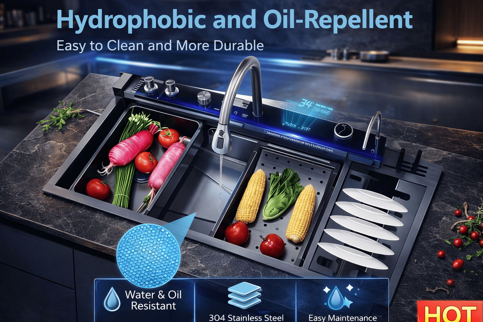 Modern kitchen sink with hydrophobic and oil-repellent properties, featuring vegetables and utensils.