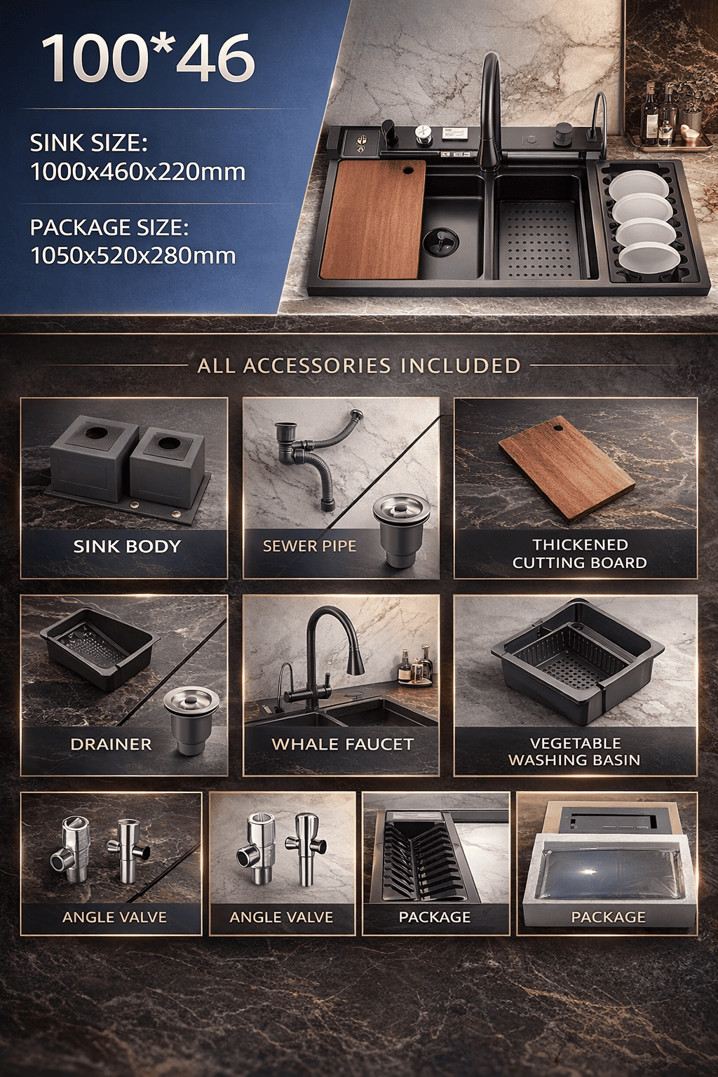 Kitchen sink set with accessories on a dark surface, including dimensions and included items.