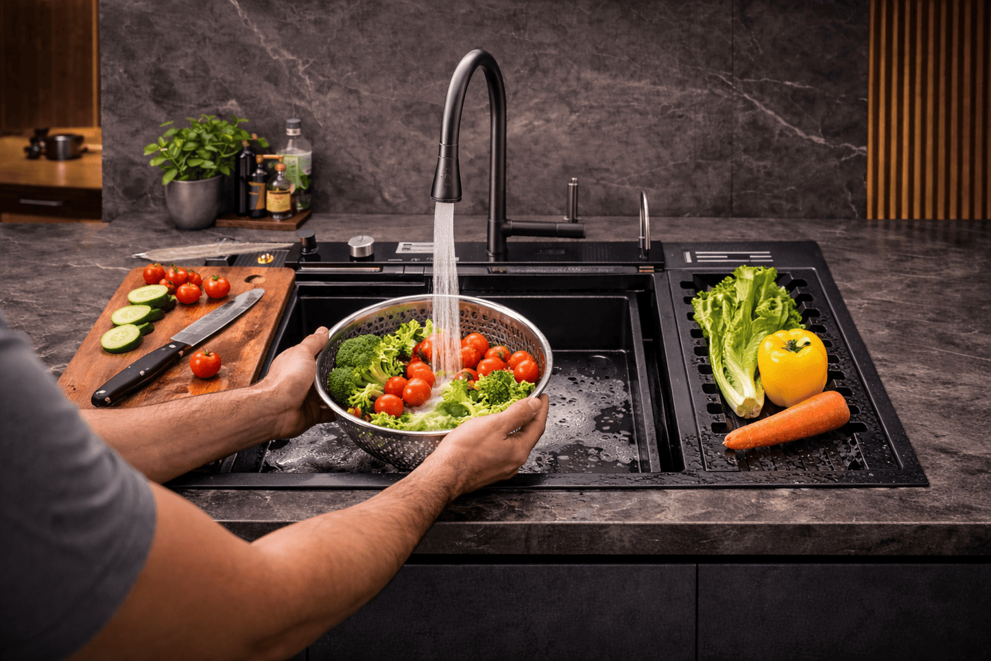 Person washing vegetables in a kitchen sink with a modern faucet