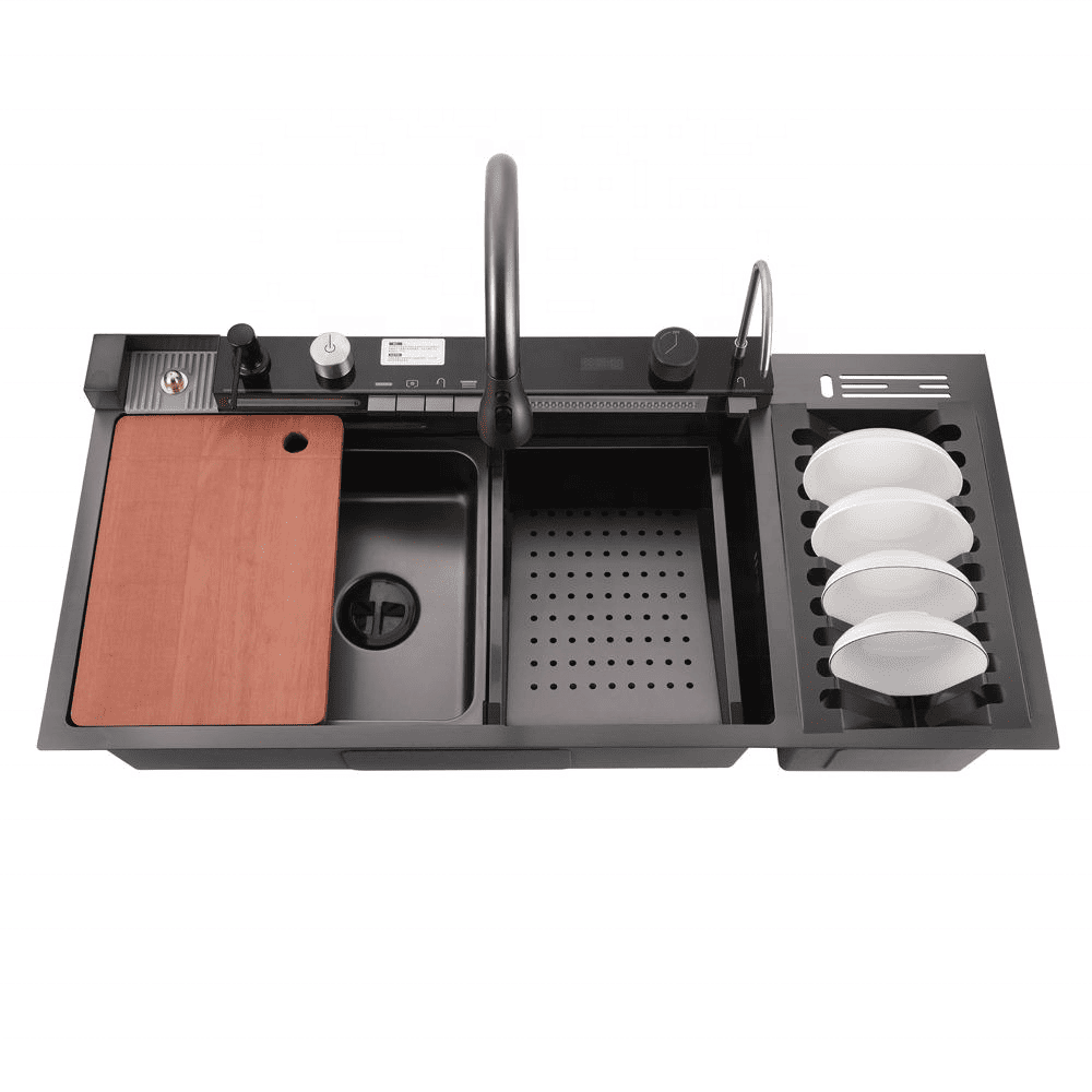 Modern kitchen sink with cutting board, strainer, and soap holder on a white background