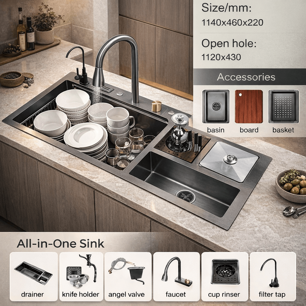 Stainless steel kitchen sink with faucet in a modern kitchen setting, showing dimensions and accessories.