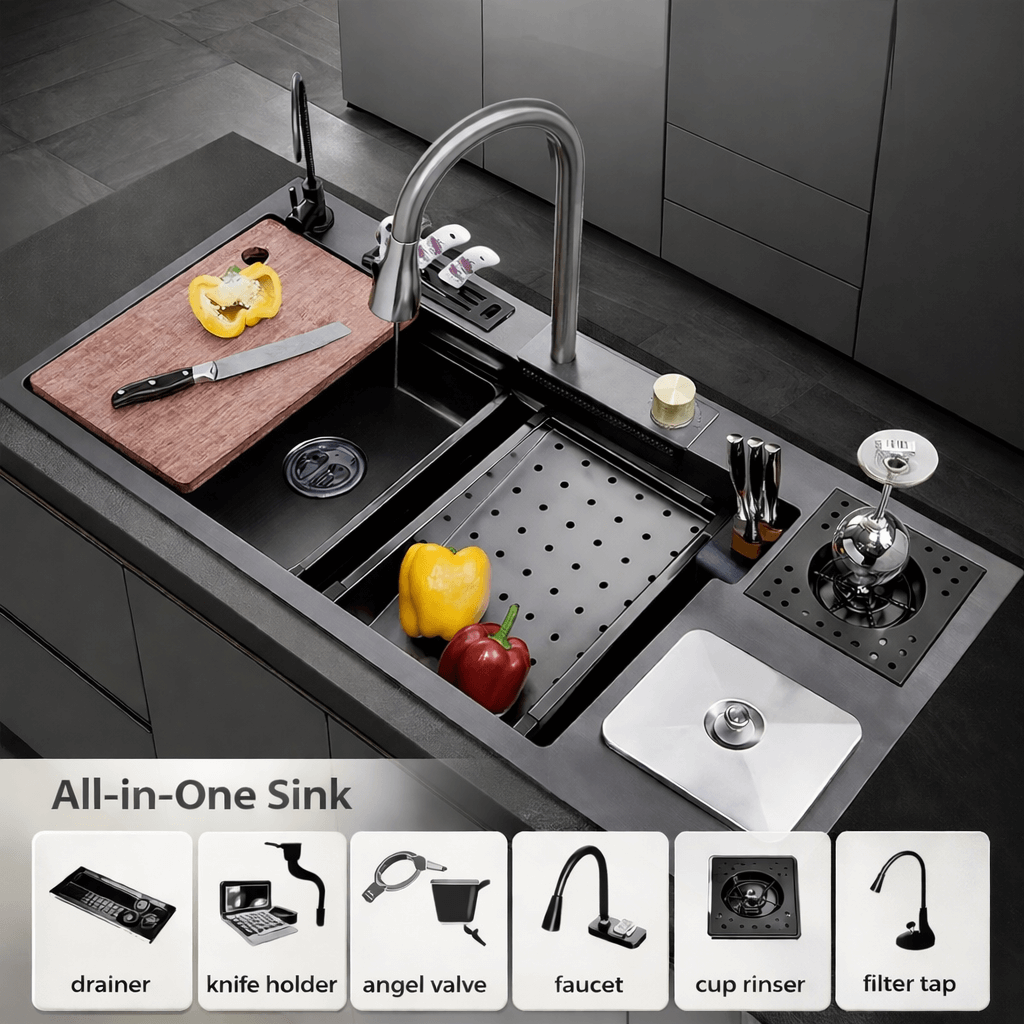 Modern kitchen sink with various accessories on a dark countertop