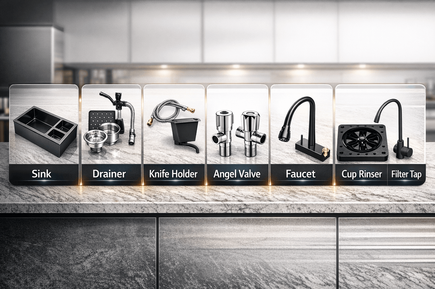 Kitchen sink components displayed on a kitchen counter with labels.