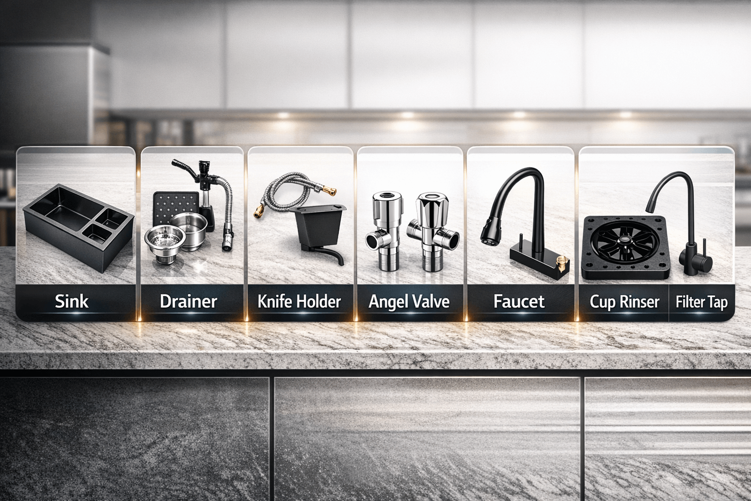 Kitchen sink components displayed on a kitchen counter with labels.