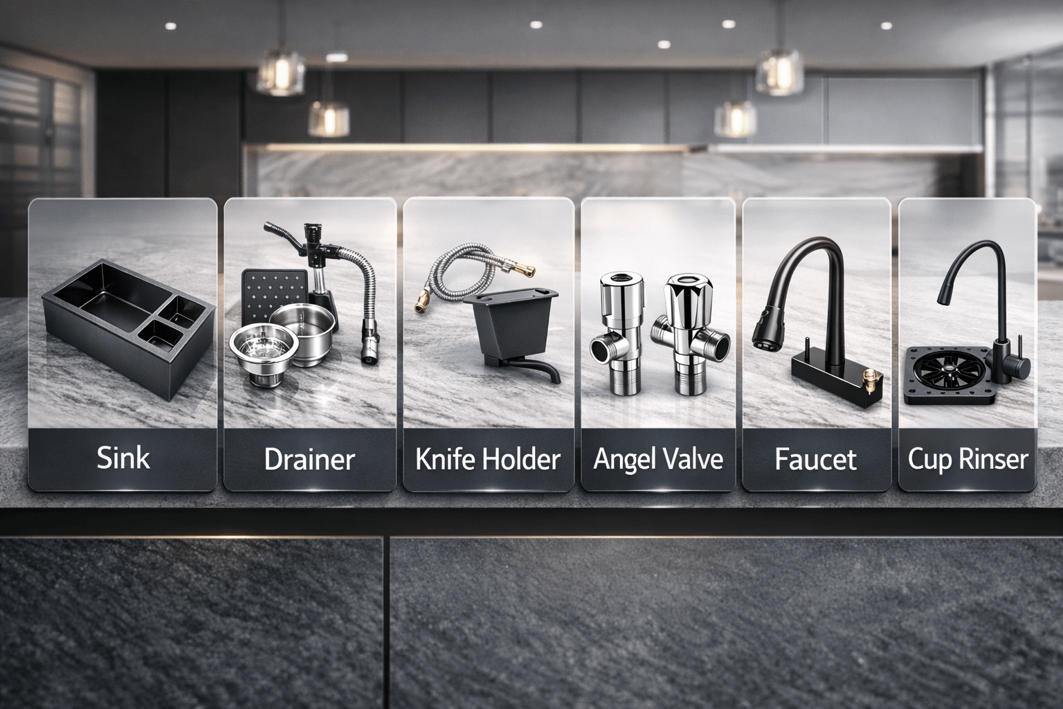 Kitchen fixtures including a sink, drainer, knife holder, angel valve, faucet, and cup rinsers displayed against a modern kitchen background.