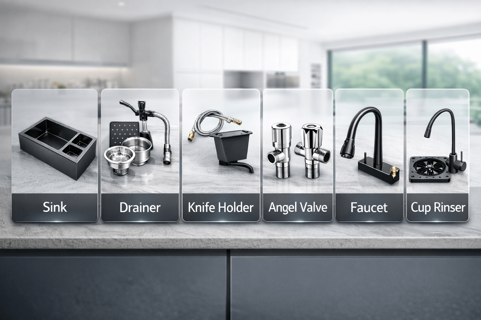 Collection of kitchen fixtures including a sink, drainer, knife holder, angel valve, faucet, and cup rinse on a modern kitchen counter.