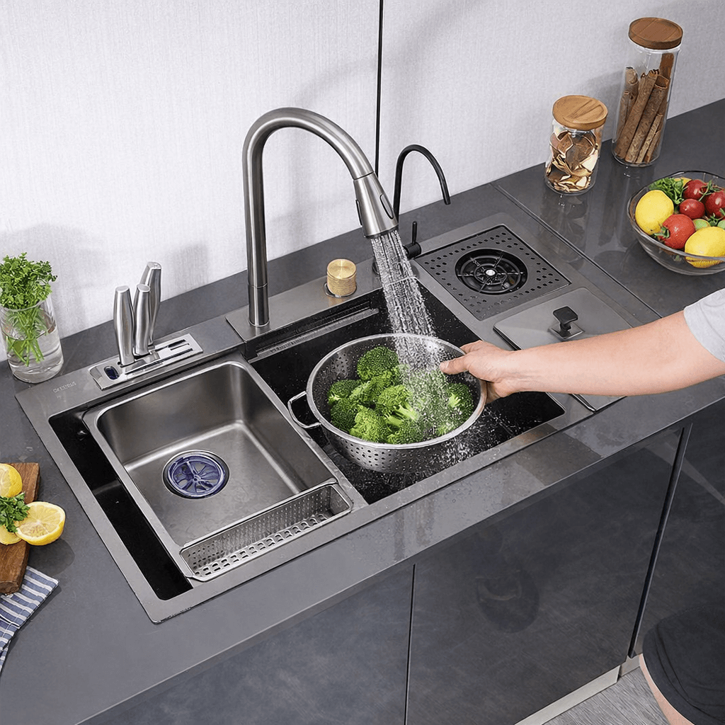 Person washing broccoli in a kitchen sink with a modern faucet.