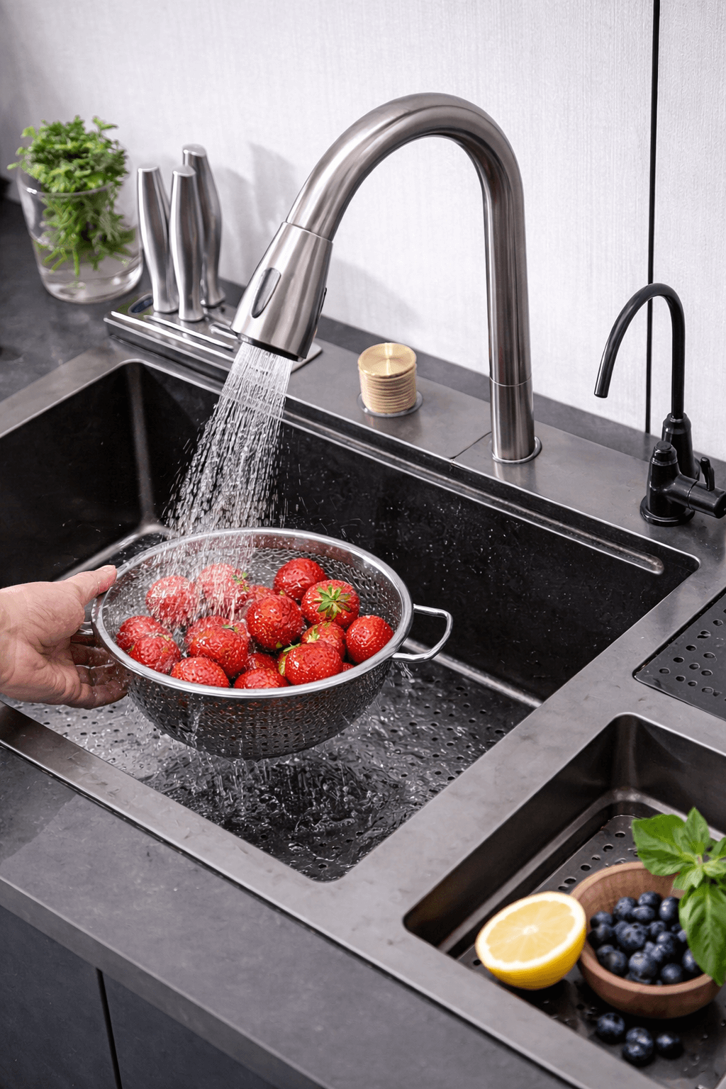 Person washing strawberries in a colander under running water in a kitchen sink.