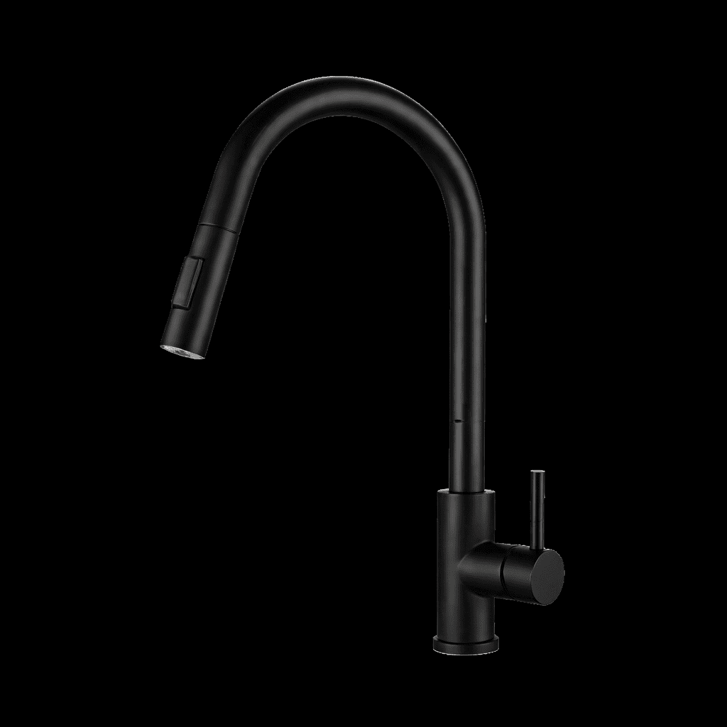 Black kitchen faucet on a white background