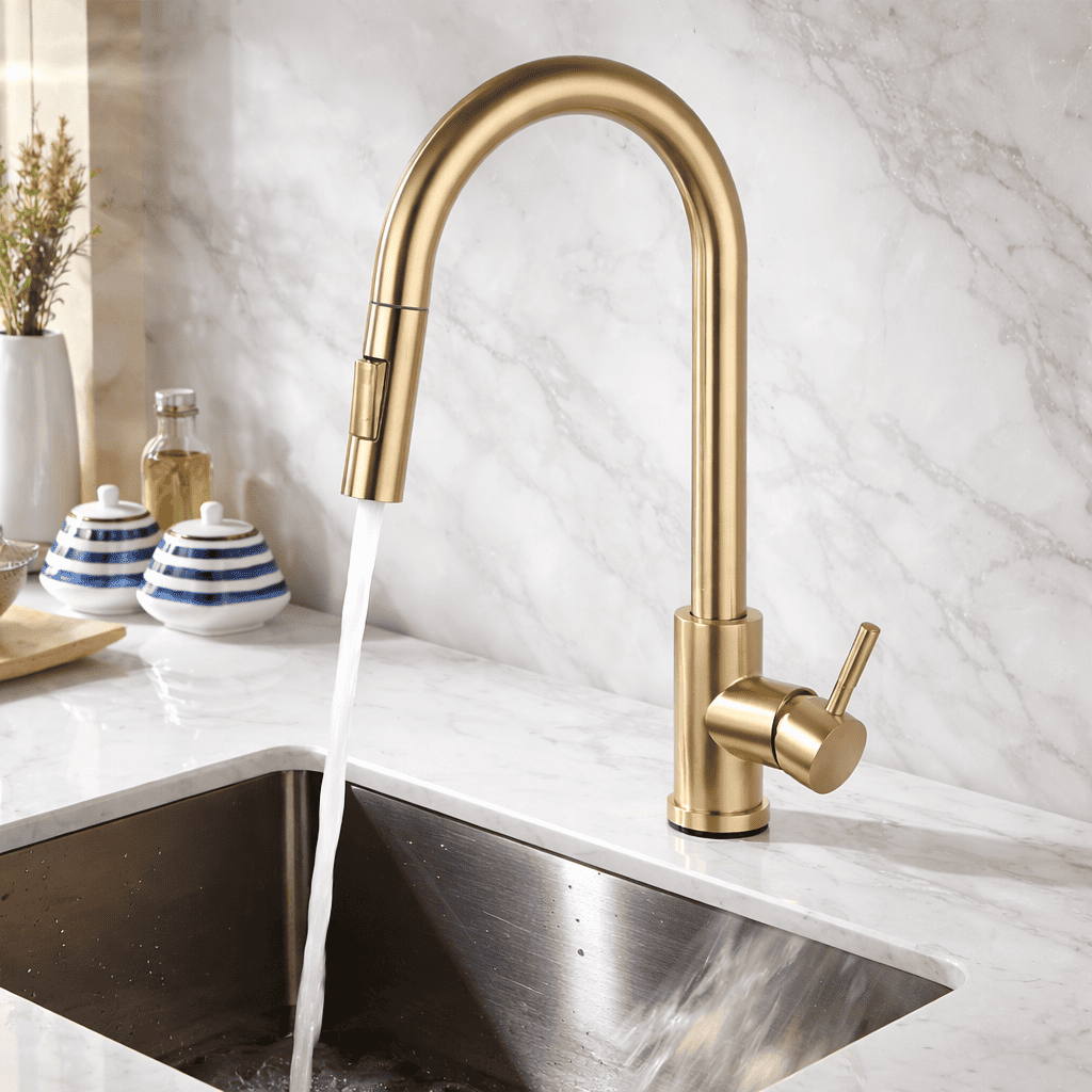 Gold kitchen faucet with water flowing into a sink against a marble wall.
