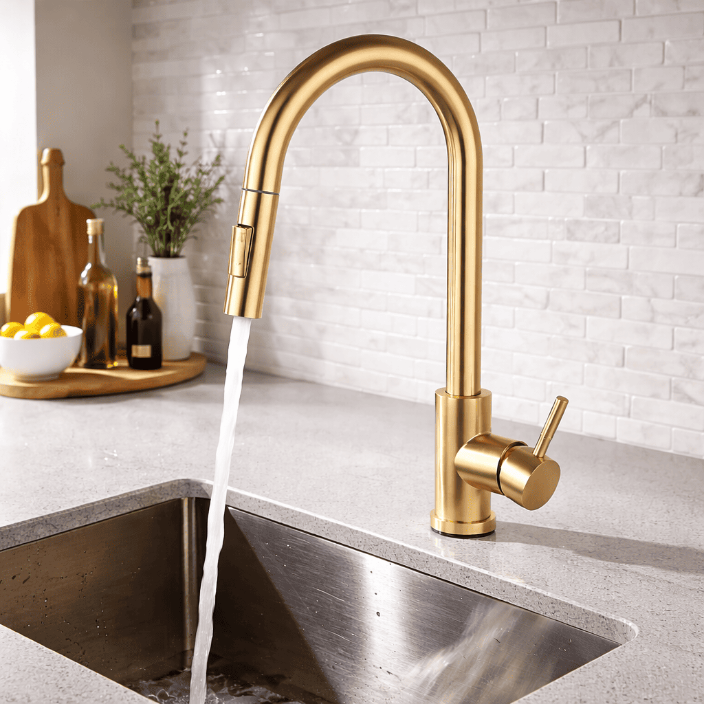 Gold kitchen faucet with water flowing into a sink against a tiled wall.