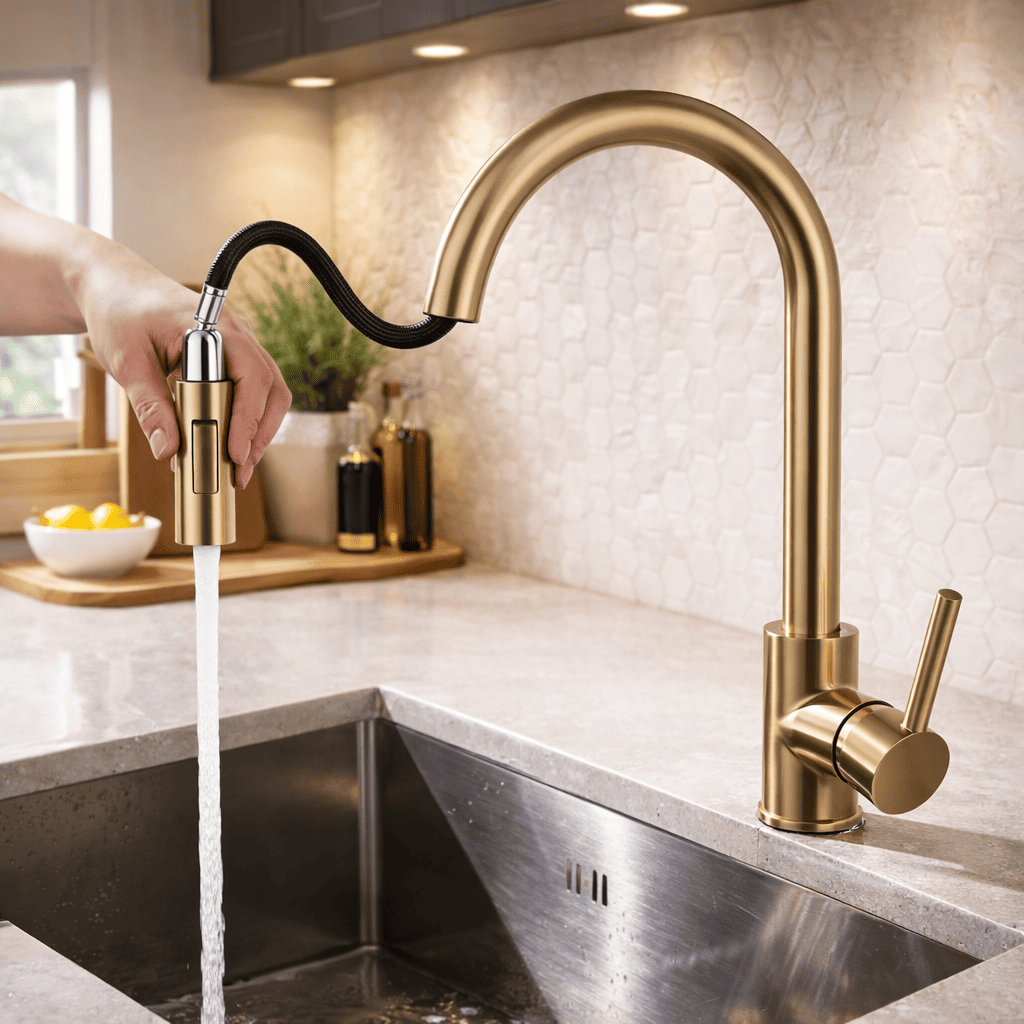 Gold kitchen faucet with water flowing into a sink in a modern kitchen.