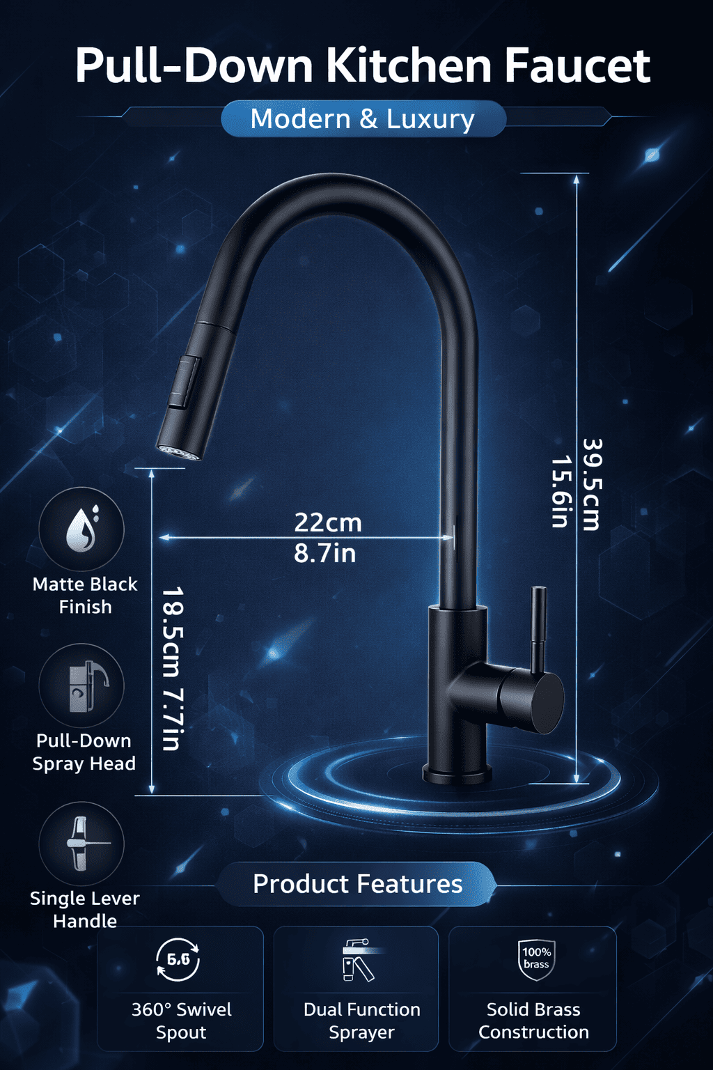 Black pull-down kitchen faucet with measurements and features on a dark blue background