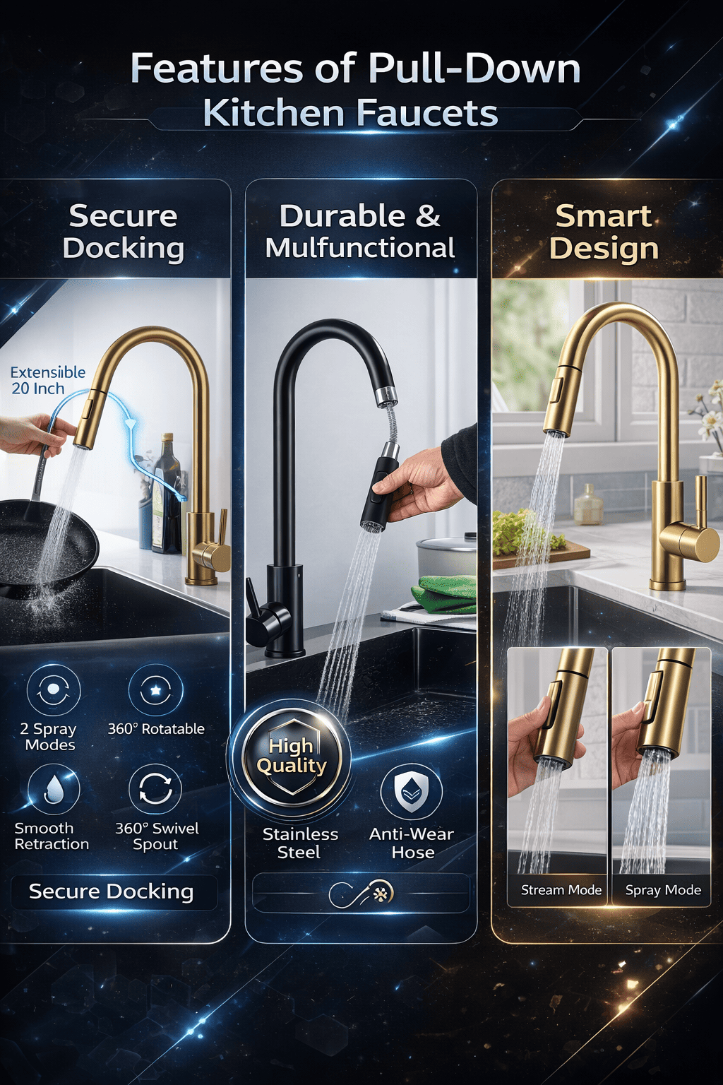 Features of pull-down kitchen faucets displayed on a dark background with images and text.