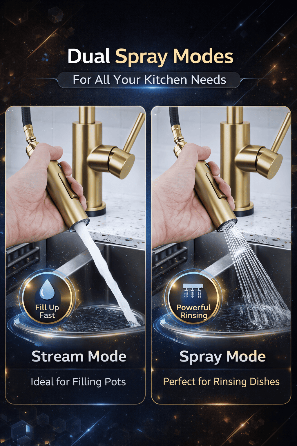 Gold kitchen faucet with dual spray modes on a dark background