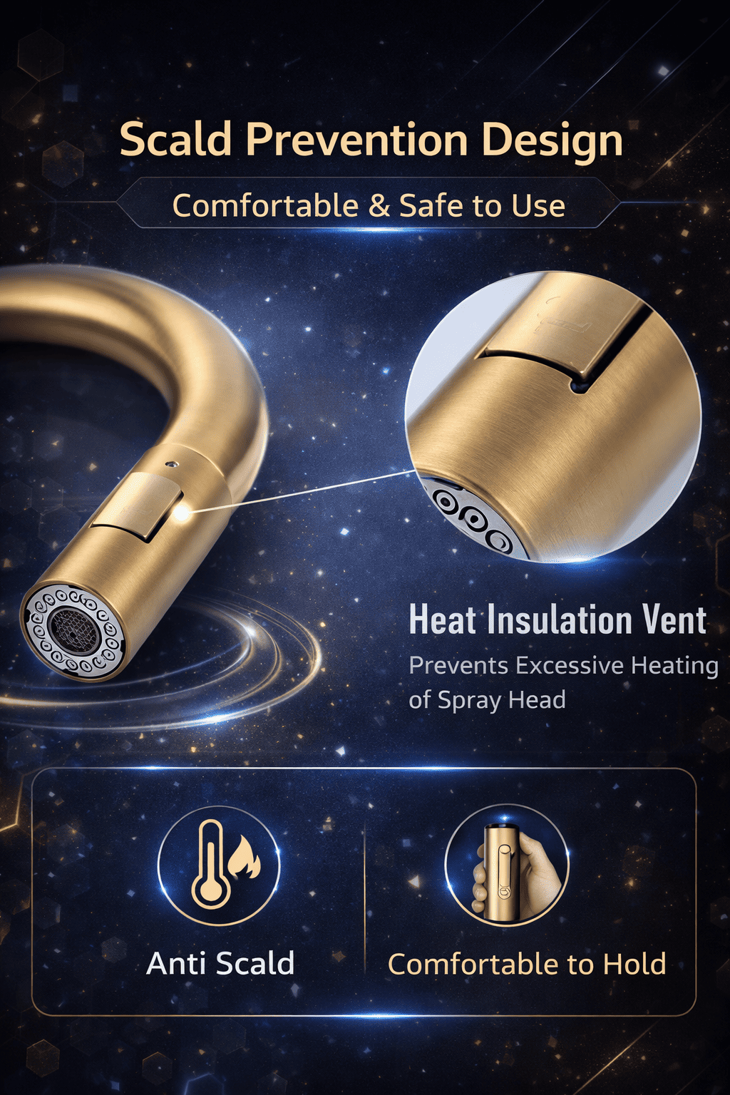 Gold spray head with scald prevention design on a dark background