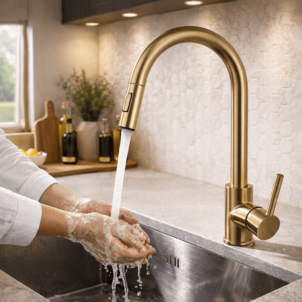 Person washing hands under a gold kitchen faucet in a modern kitchen.