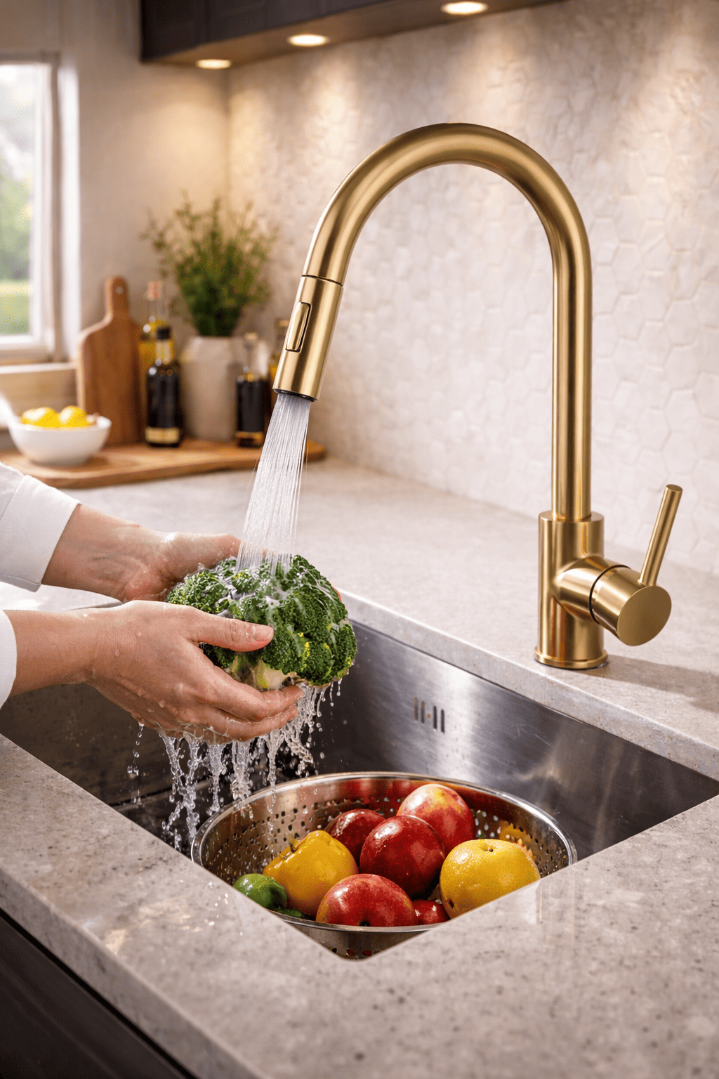 Person washing vegetables under a gold faucet in a kitchen sink.