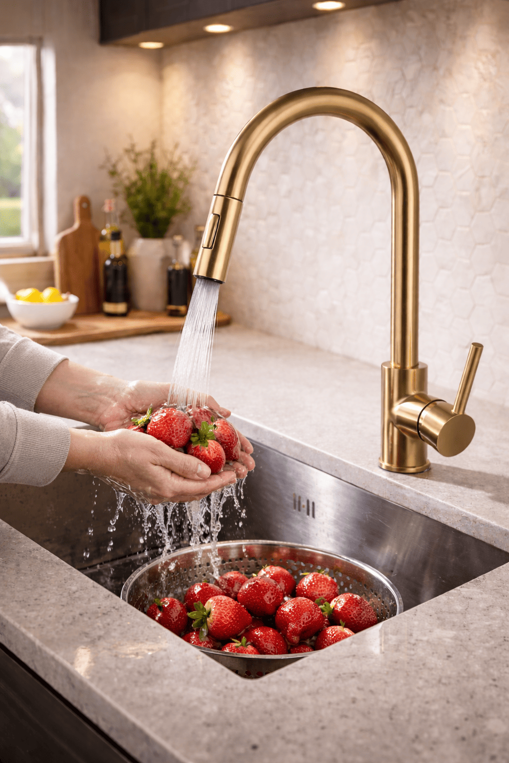 Person washing strawberries under a gold faucet in a kitchen sink.