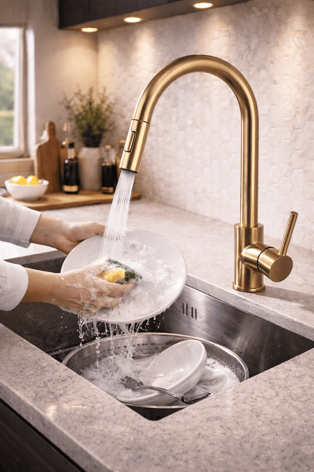 Gold kitchen faucet with water flowing into a sink with dishes.