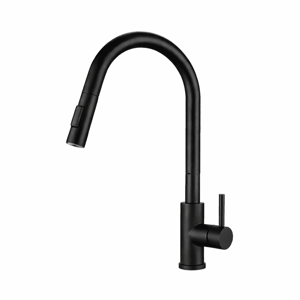 Black kitchen faucet on a white background