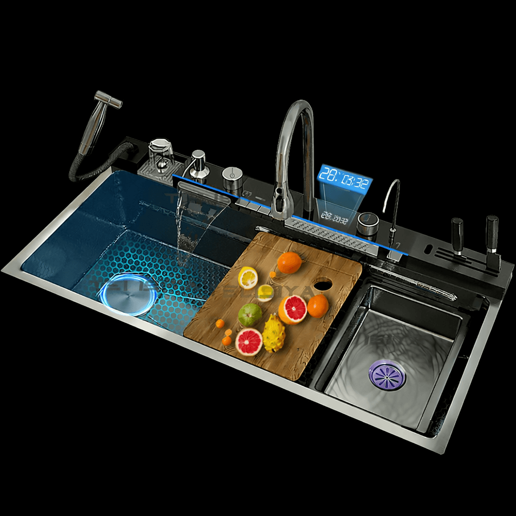 Modern kitchen sink with digital clock, fruits on a cutting board, and various kitchen items.