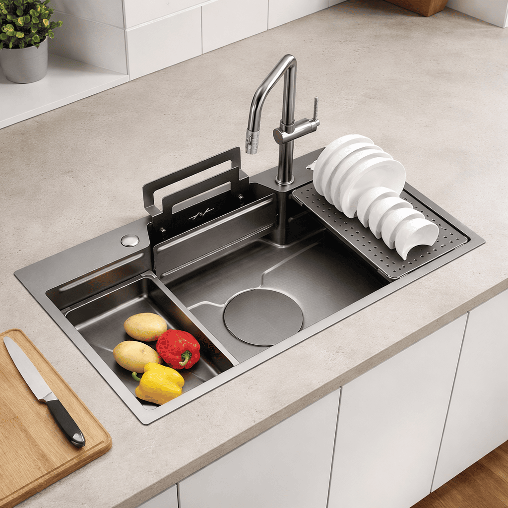 Modern kitchen sink with fruit and vegetables on a light-colored countertop.
