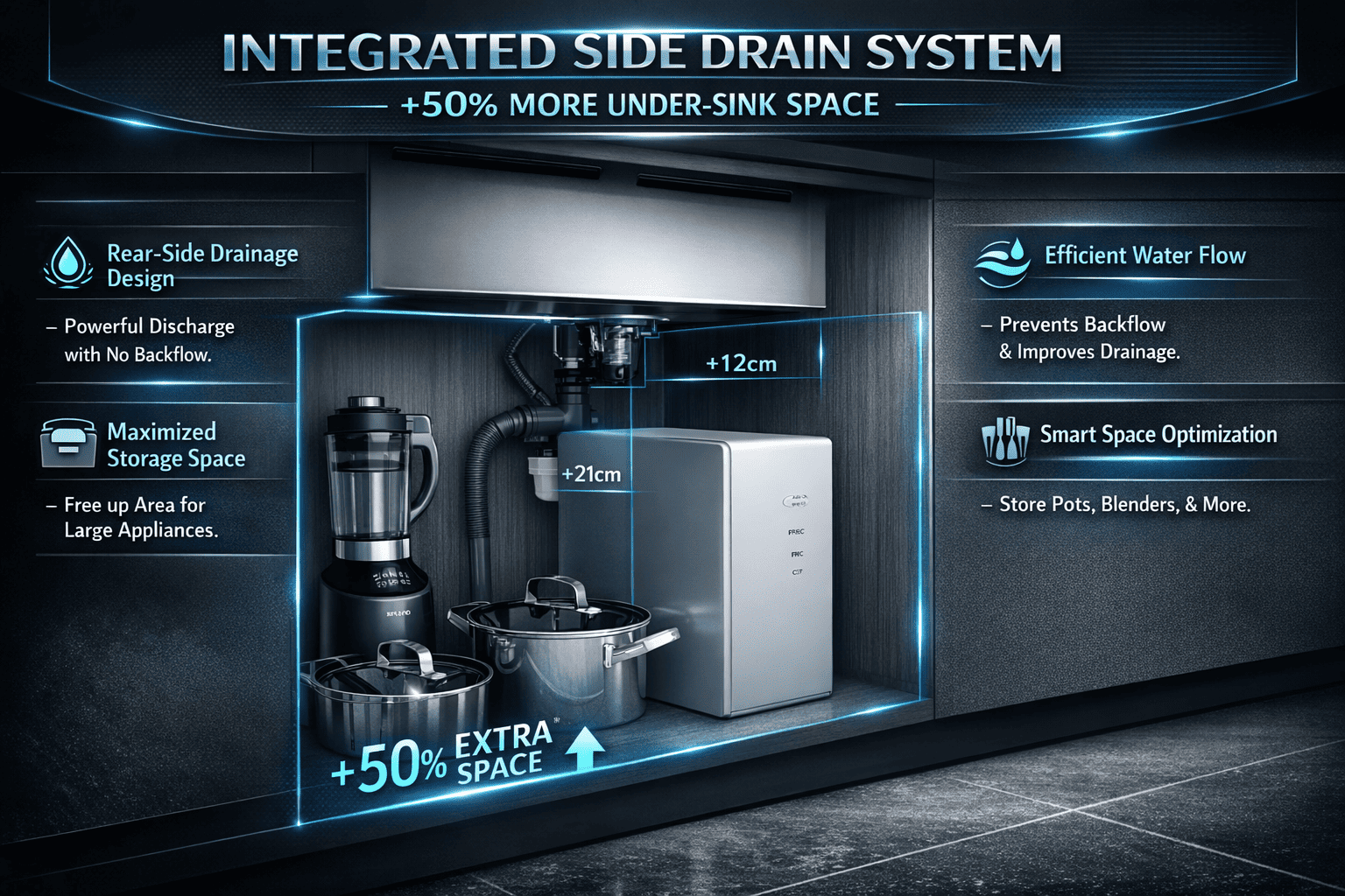 Integrated side drain system with kitchen appliances and features highlighted