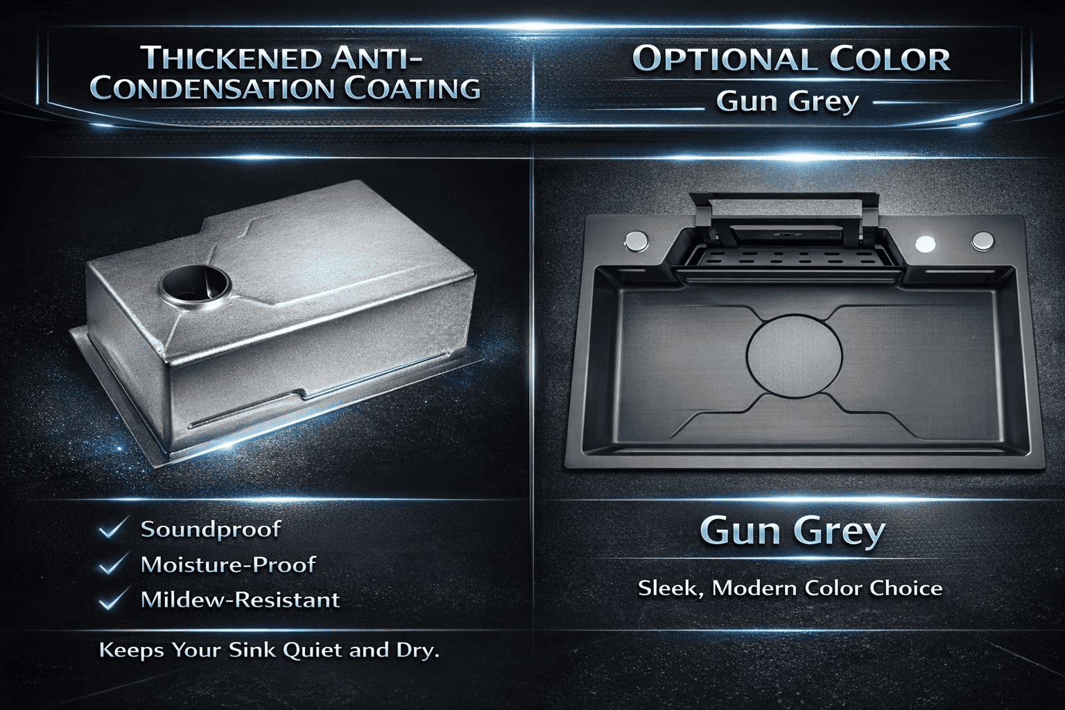 Product display with thickened anti-condensation coating and gun grey color option on a dark background.