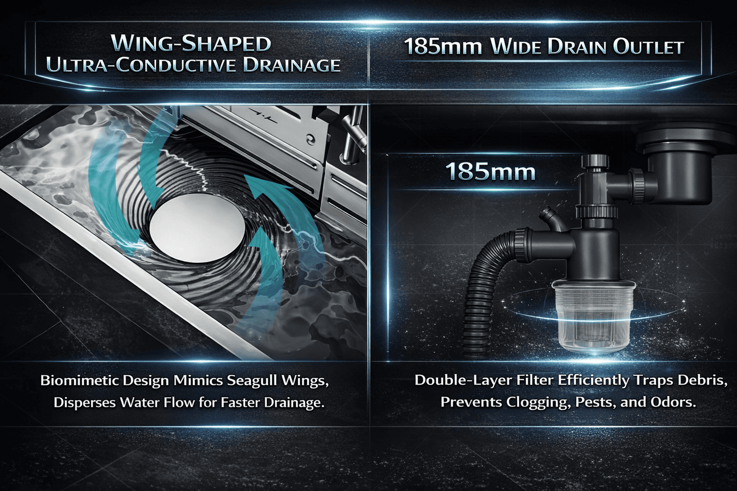 Inferior quality plumbing fixture with text highlighting features like wing-shaped drainage and wide drain outlet.