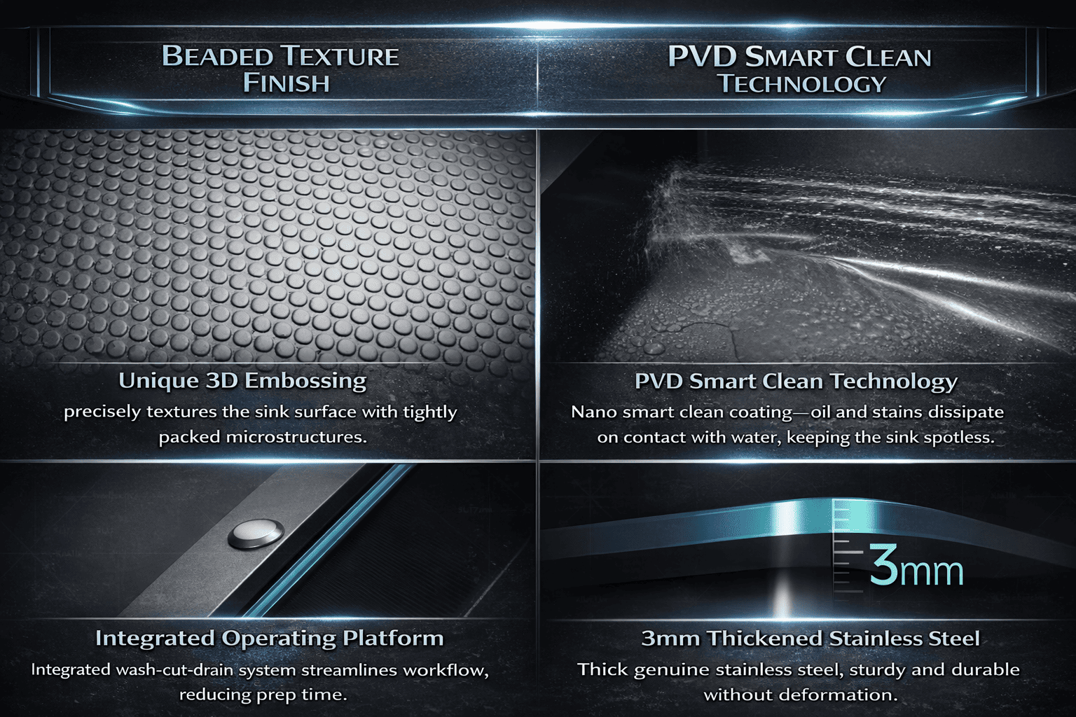 Product features including beaded texture finish, PVD smart clean technology, 3D embossing, and thick stainless steel.