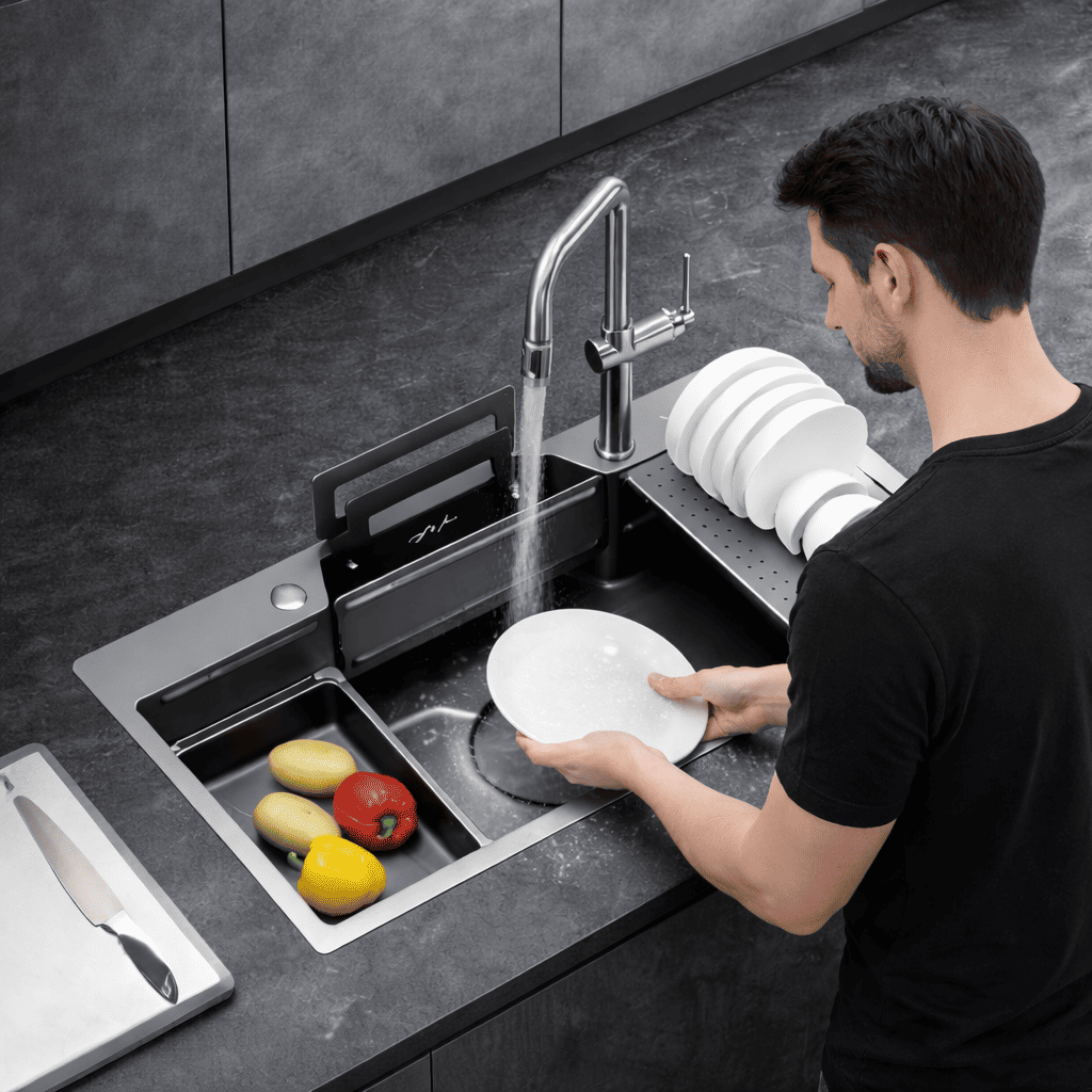 Person washing dishes in a modern kitchen with a faucet and vegetables in the sink.