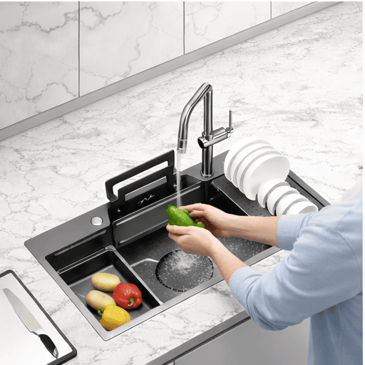 Person washing vegetables in a modern kitchen sink with a marble countertop.