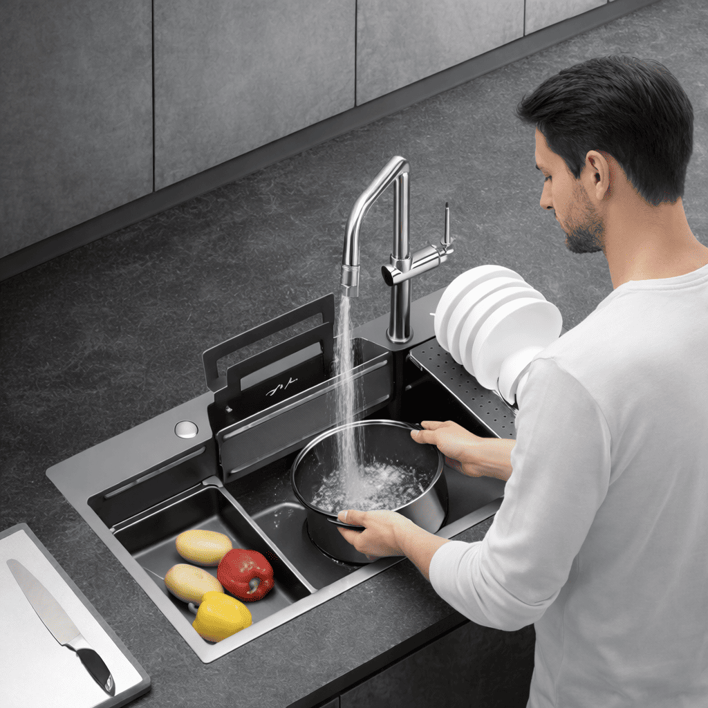 Person washing vegetables in a kitchen sink with a modern faucet.