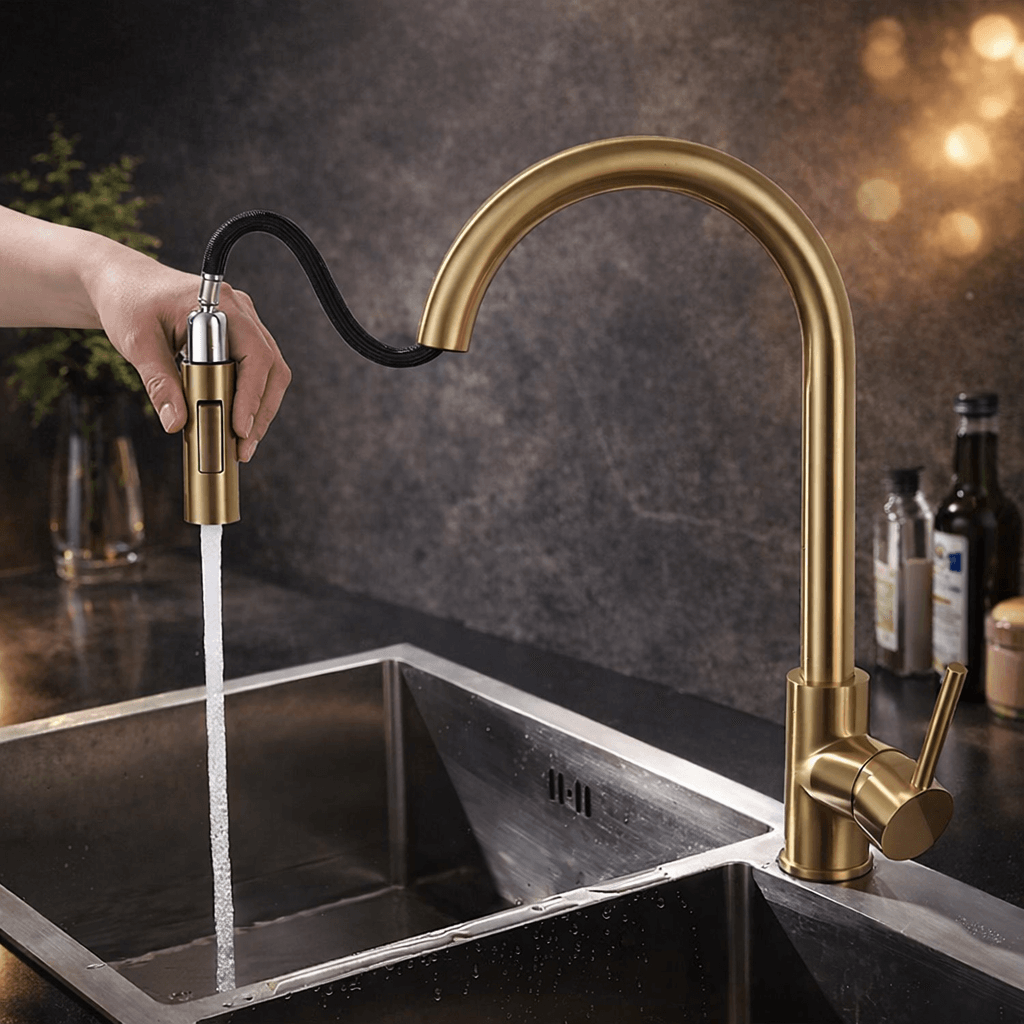 Gold kitchen faucet with a hand holding a nozzle over a sink