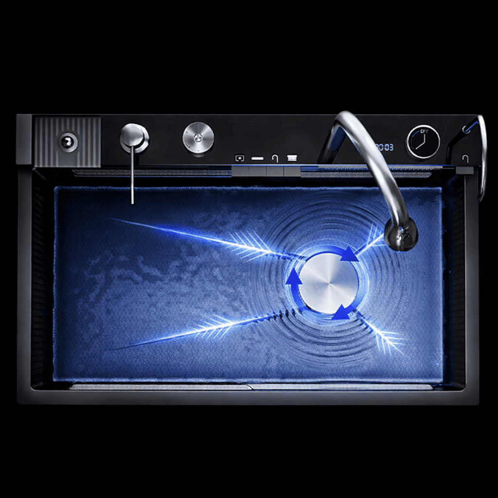 Modern kitchen sink with digital display and faucet on a black background