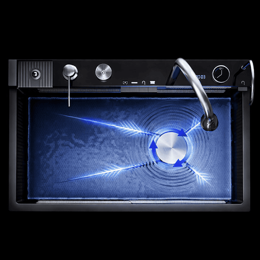 Modern kitchen sink with digital display and faucet on a black background