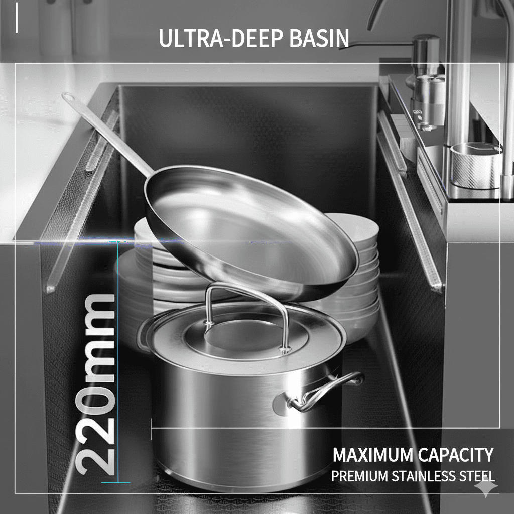 Stainless steel cookware set with an ultra-deep basin and maximum capacity text.