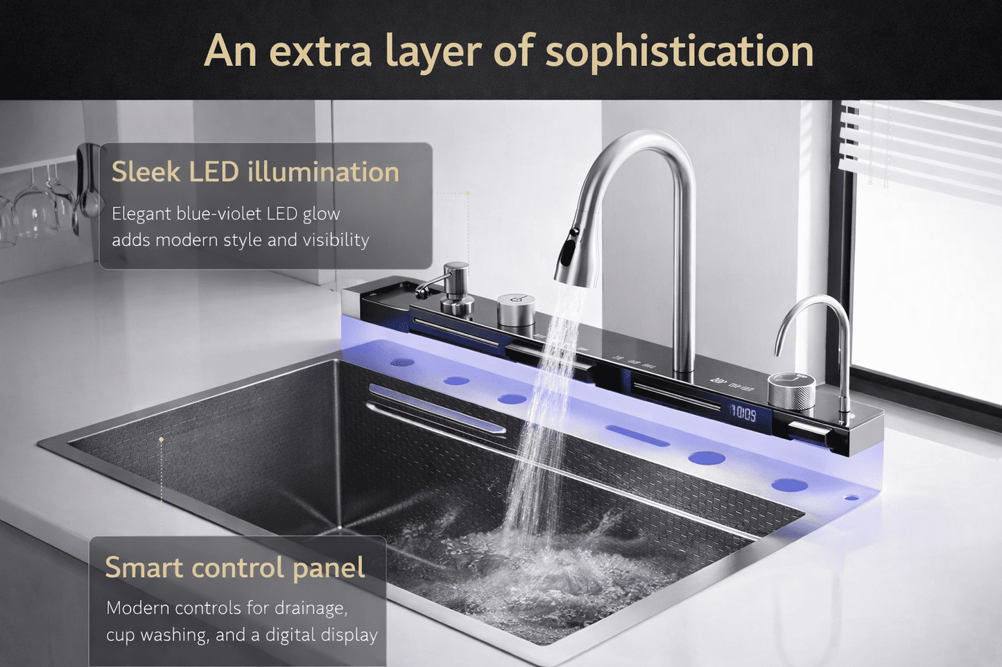 Modern kitchen sink with LED illumination and smart control panel