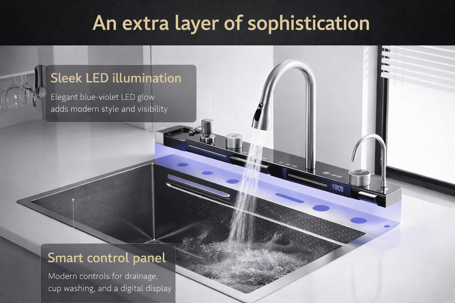 Modern kitchen sink with LED illumination and smart control panel