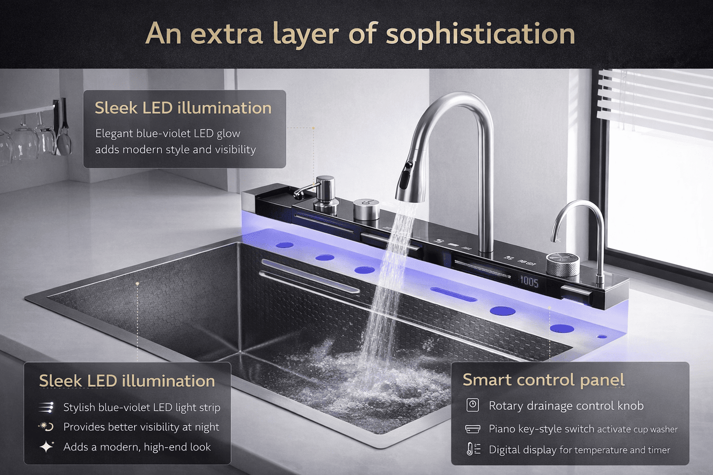 Modern kitchen sink with LED illumination and smart control panel
