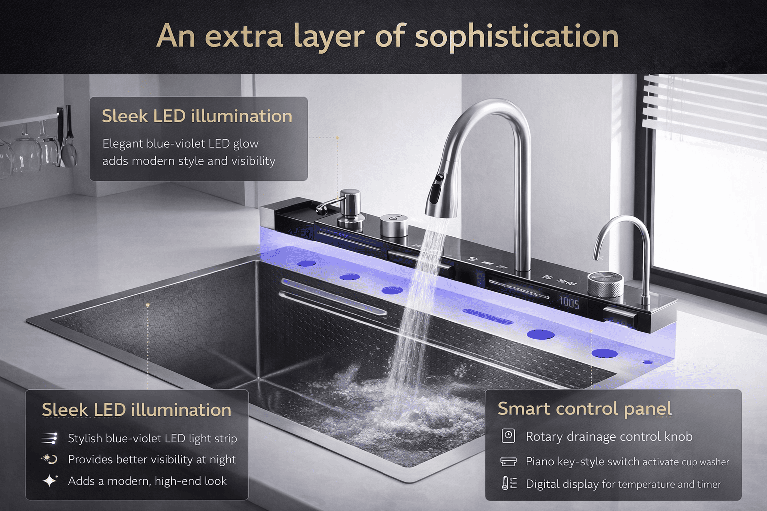 Modern kitchen sink with LED illumination and smart control panel