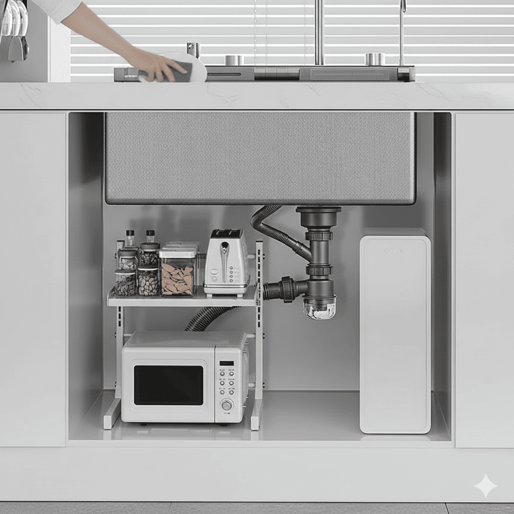 Under-sink kitchen storage with shelves and appliances in a modern kitchen.