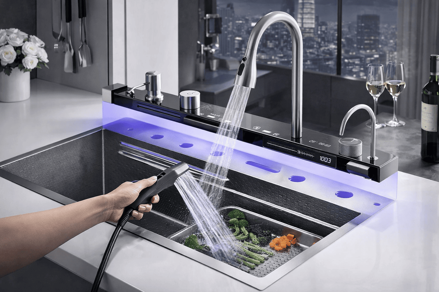 Modern kitchen sink with running water and a hand holding a device, cityscape in the background